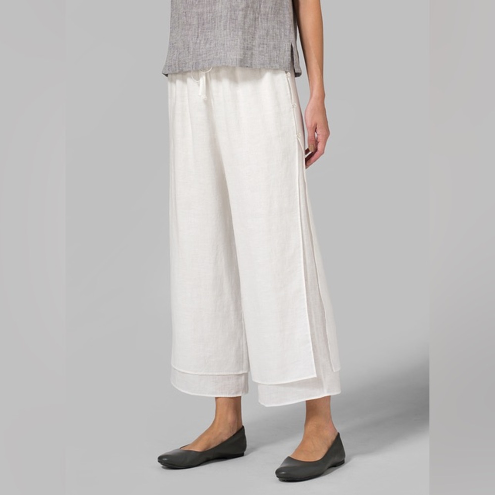 VIVID LINEN DOUBLE-LAYER CROPPED PANTS WITH SEA SHELL BUTTON